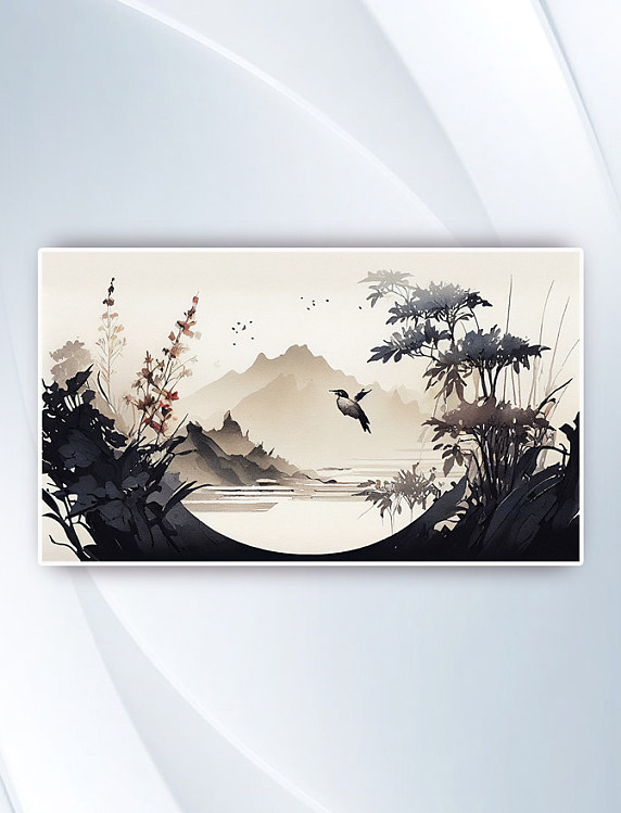 山水画水墨花鸟横版背景