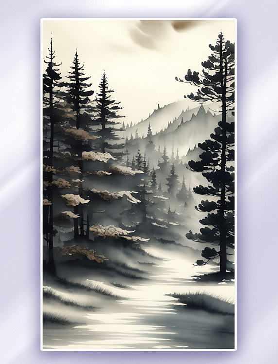 中国风水墨画松树山岭溪流古风数字插画