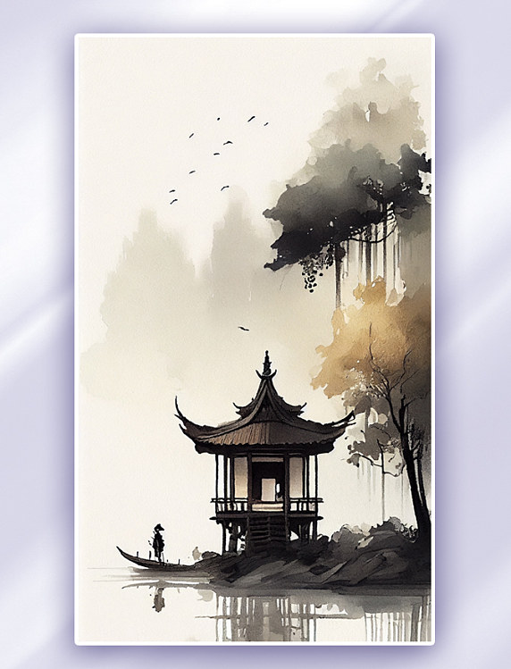 山水画水墨简约数字插画