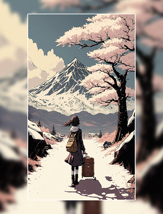 雪山宫崎骏风动漫旅行小女孩行李箱小清新花朵花海数字作品AI作品数字插画