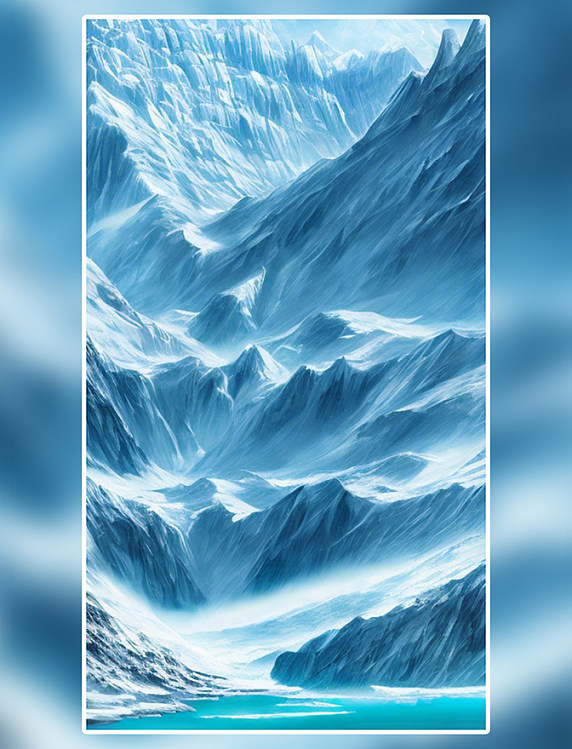 层叠的雪山下一片清澈湖水数字艺术