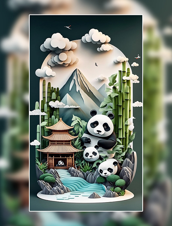 中国风熊猫花鸟亭子树木山水剪纸风数字作品AI作品数字插画