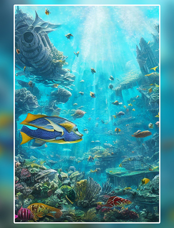 缤纷的热带鱼在海洋废墟中游动背景