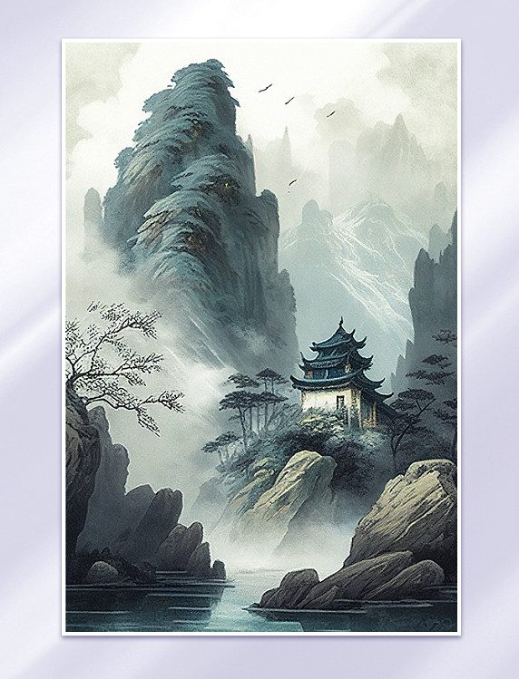 水彩风山水中国风水墨数字艺术风景插画