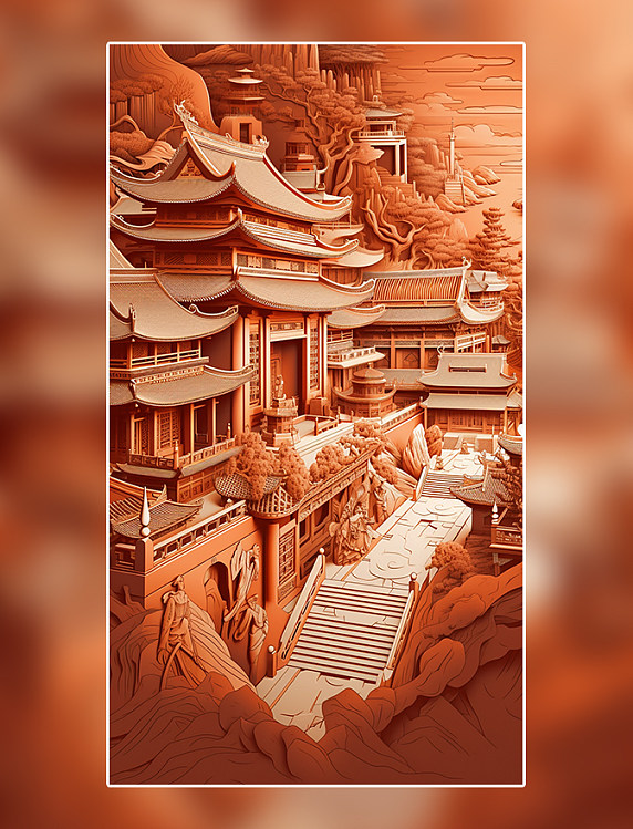 剪纸风折纸风中国城市地标建筑数字作品AI作品数字插画