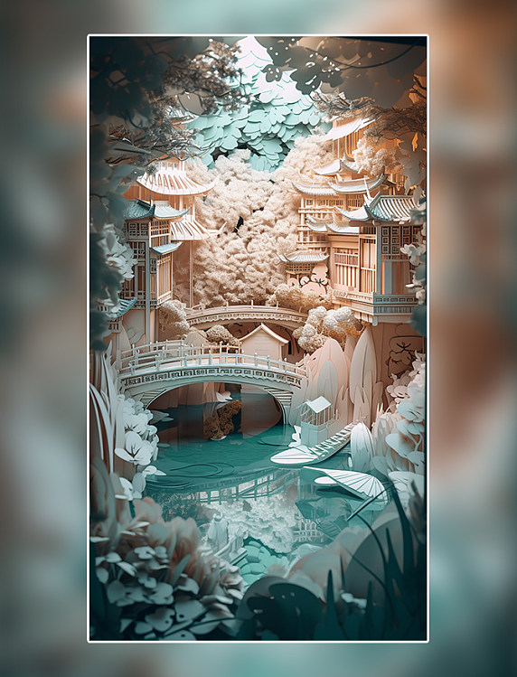 城市地标建筑中国风山水美式复古剪纸风插画