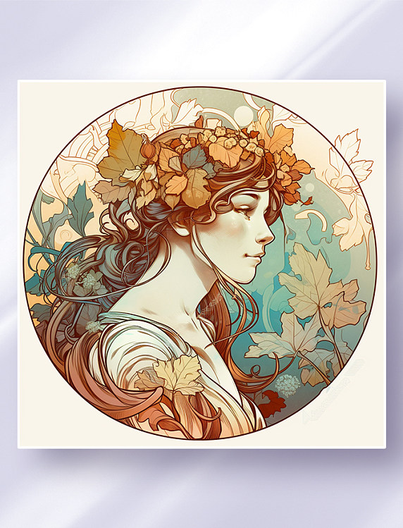 阿尔丰斯·穆夏风格西方少女头像花草边框唯美插画