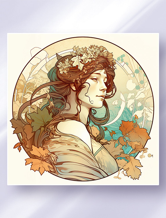 阿尔丰斯·穆夏风格西方少女头像花草边框唯美插画
