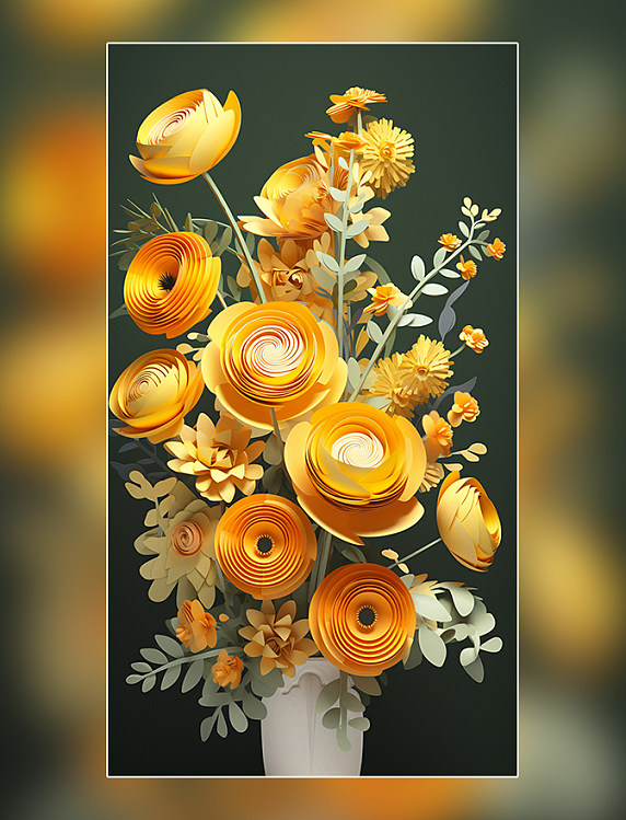 黄色花洋甘菊纸质插图花卉剪纸风层次丰富的花