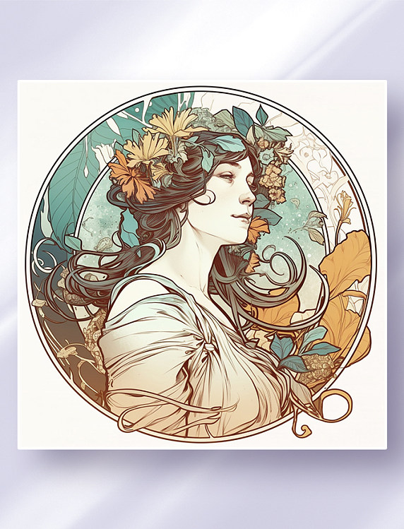 阿尔丰斯·穆夏风格西方少女头像花草边框唯美插画