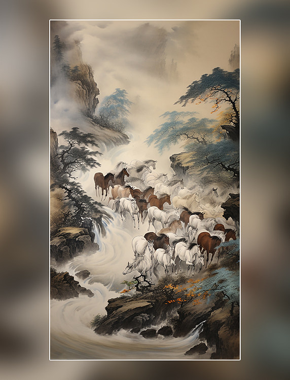 工笔画山河马树木中国水墨画国画山水