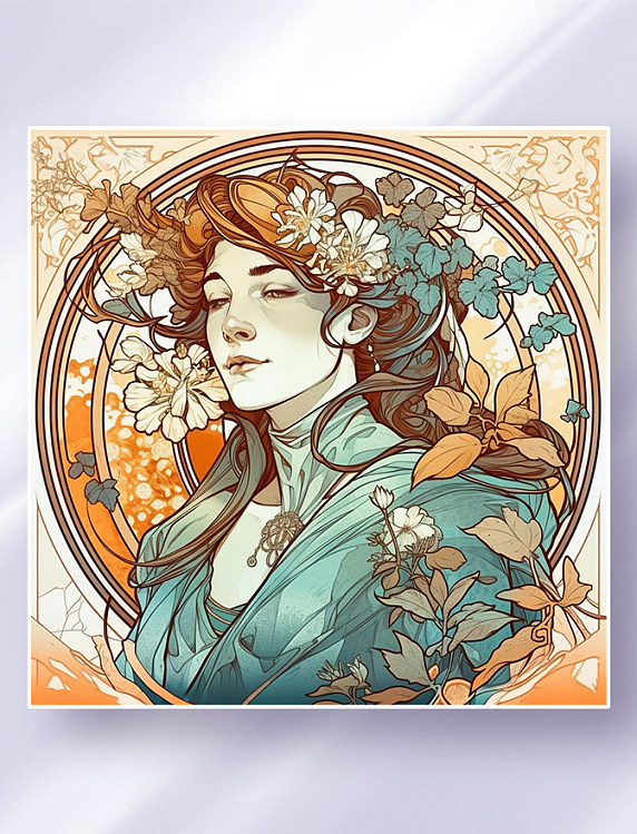 阿尔丰斯·穆夏风格西方少女头像花草边框唯美插画