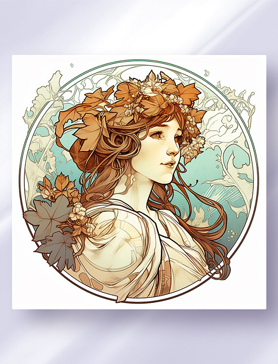 阿尔丰斯·穆夏风格西方少女头像花草边框唯美插画