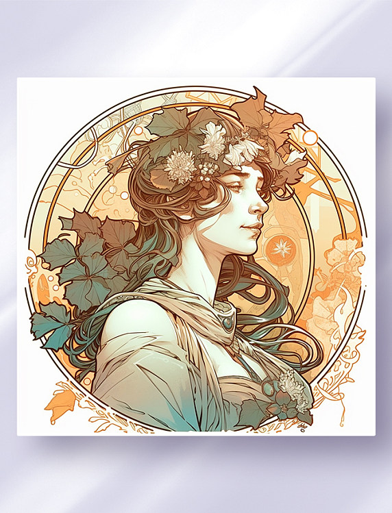阿尔丰斯·穆夏风格西方少女头像花草边框唯美插画