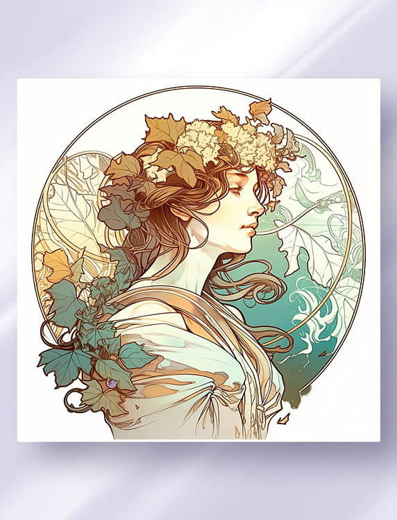 阿尔丰斯·穆夏风格西方少女头像花草边框唯美插画