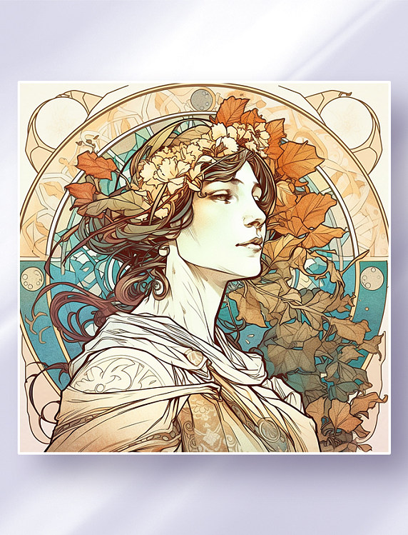 阿尔丰斯·穆夏风格西方少女头像花草边框唯美插画