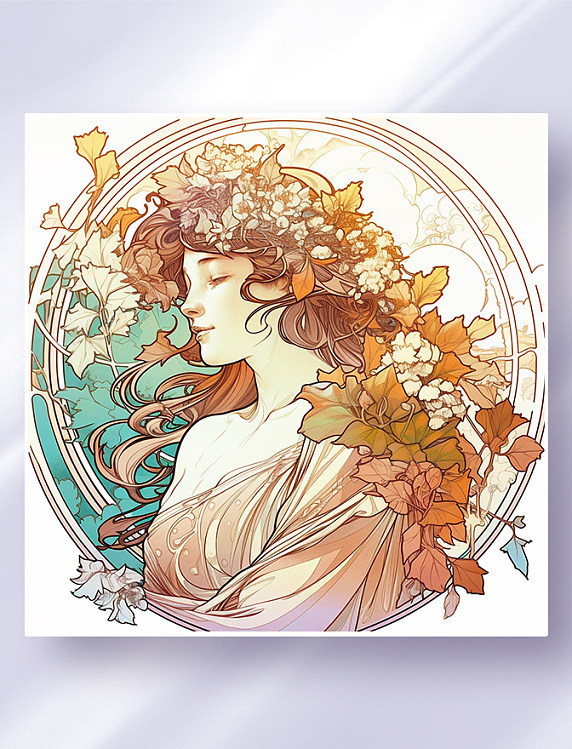阿尔丰斯·穆夏风格西方少女头像花草边框唯美插画