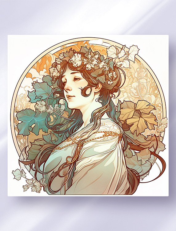 阿尔丰斯·穆夏风格西方少女头像花草边框唯美插画