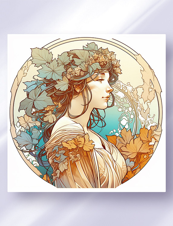 阿尔丰斯·穆夏风格西方少女头像花草边框唯美插画