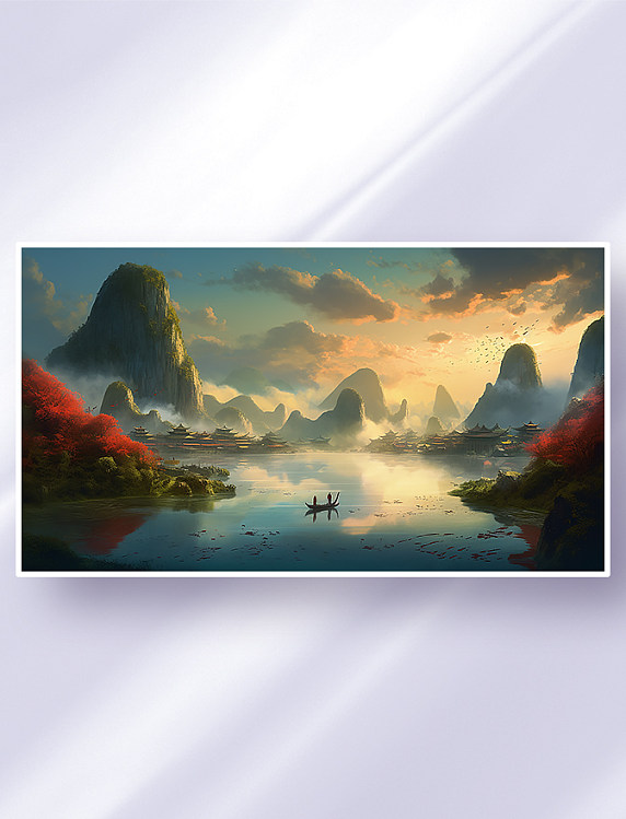 中国风山水飞鸟云雾大气绚丽霞光风景图游戏原画