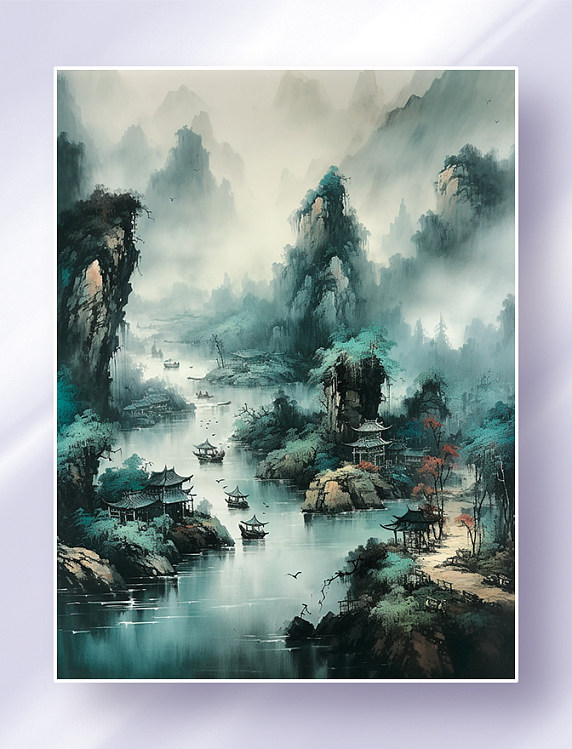 中国水墨画山水飞鸟云雾古建筑大气绚丽霞光图风景山水