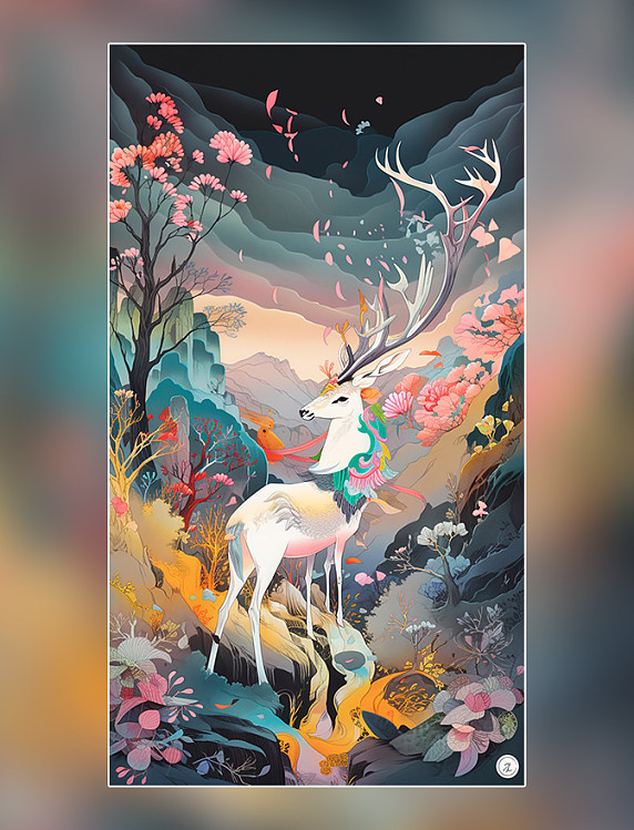 国潮风麋鹿祥云鸟类远山中国风格色彩丰富插画浮世绘