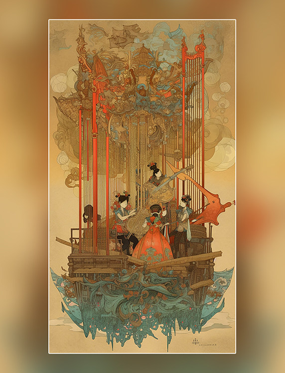 戏曲乐器浮世绘中国传统戏曲艺妓超细节水彩画