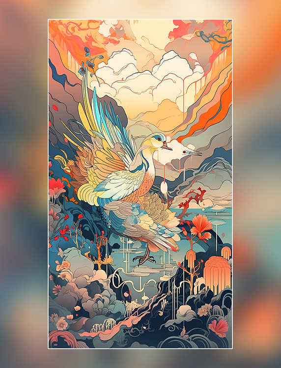 国潮风白鹿祥云鸟类远山中国风格色彩丰富插画浮世绘