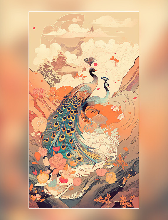 国潮风孔雀祥云鸟类远山中国风格色彩丰富插画浮世绘