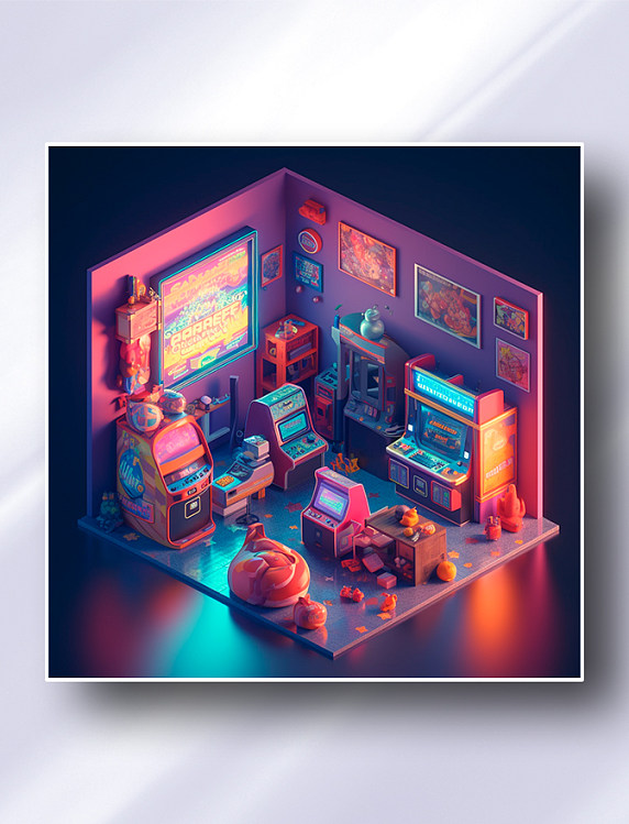 3D渲染立体等轴距微缩游戏厅场景图