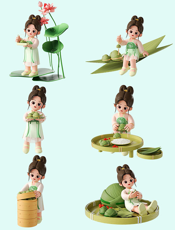 端午节3D立体粽子女孩人物C4D套图