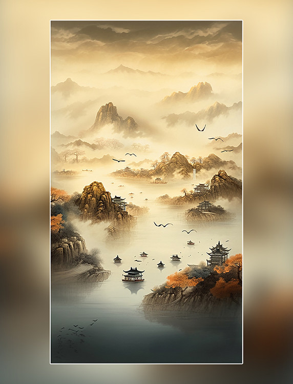 中国风国潮风远山景观图山水壮丽清河船只鸟类风景插图