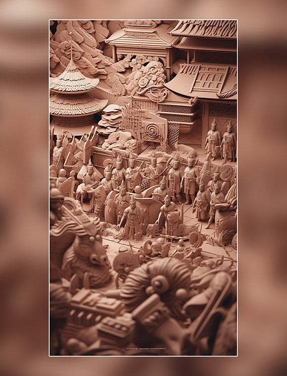 西安秦始皇兵马俑中国超美插图春季城市剪纸艺术中国建筑平面插图