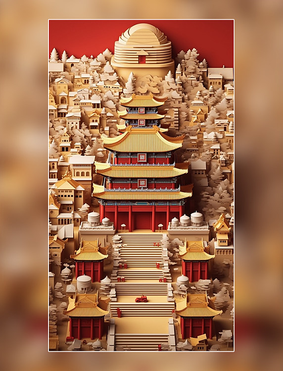 北京故宫中国超美插图春季城市剪纸艺术中国建筑平面插图