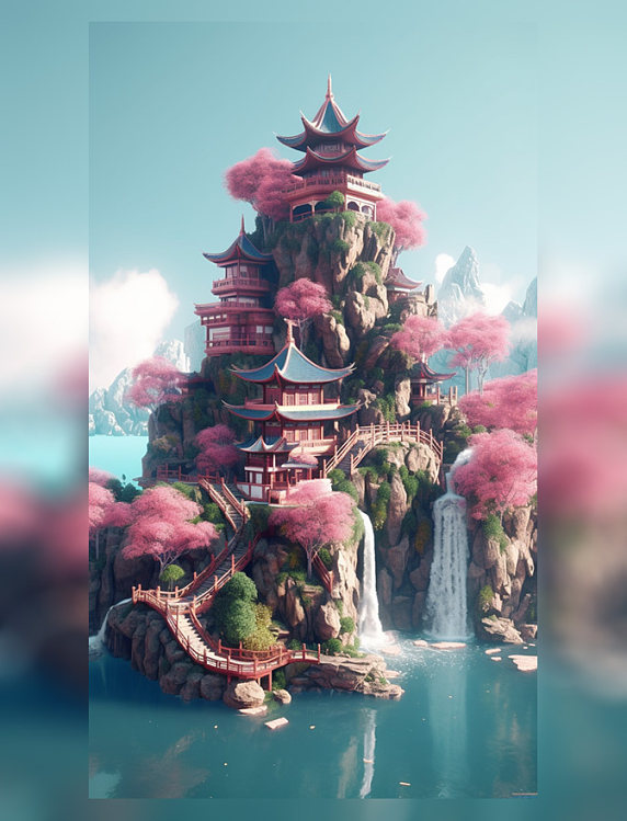 中式建筑桃花浮岛国潮风景