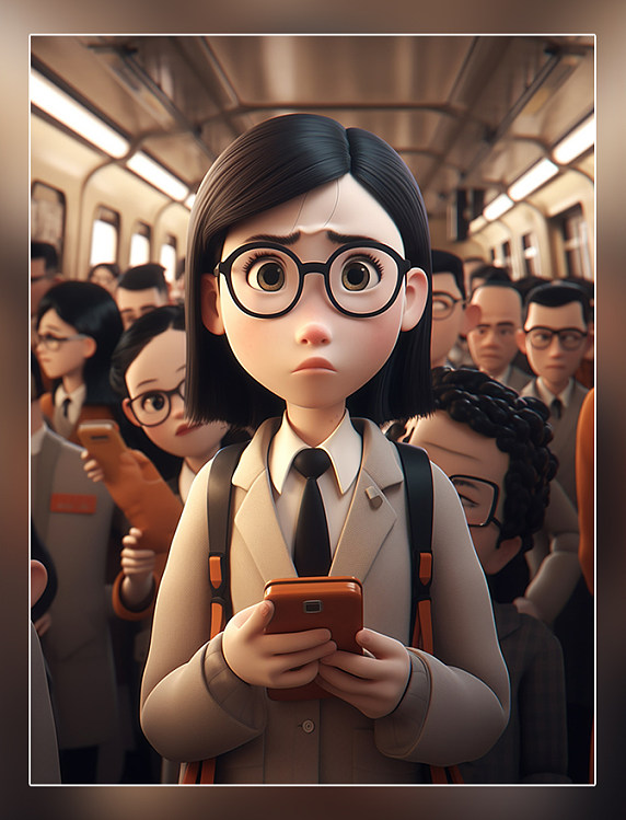 在地铁车厢里上班族超酷的中国女孩戴着眼镜人群看手机3d渲染