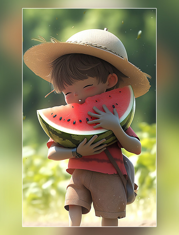一个阳光帅气的男孩夏天夏日夏季凉爽吃西瓜插画