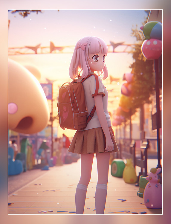 儿童节一个可爱的小女孩在游乐园热气球飞艇摩天轮3D皮克斯C4D