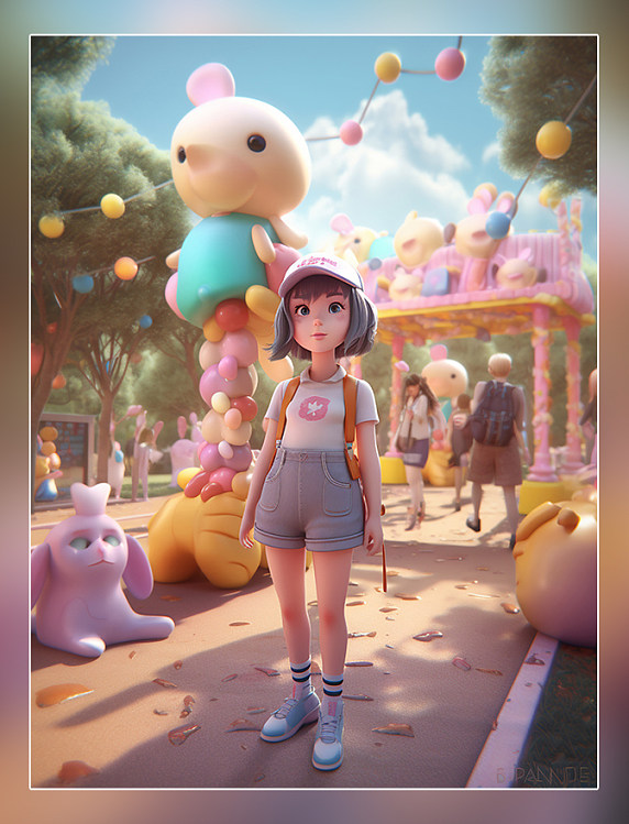 儿童节61一个可爱的小女孩在游乐园热气球飞艇摩天轮3D皮克斯C4D