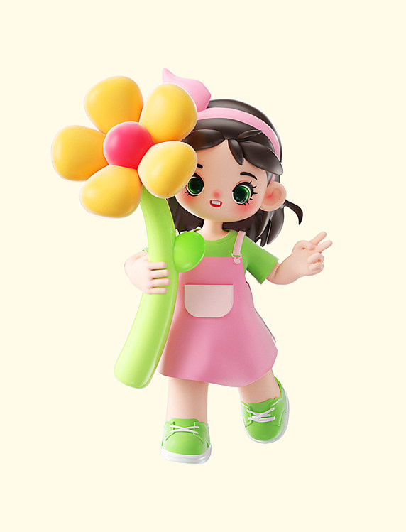 3d六一儿童节拿花小女孩