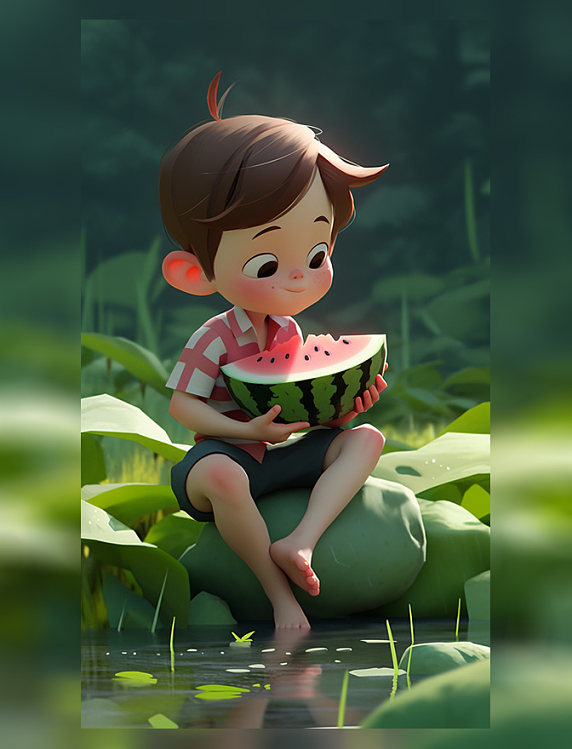 荷塘风格小男孩吃西瓜夏天夏季