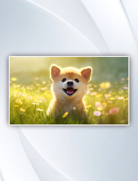 动物花丛里有一只卡通可爱的柴犬狗插画