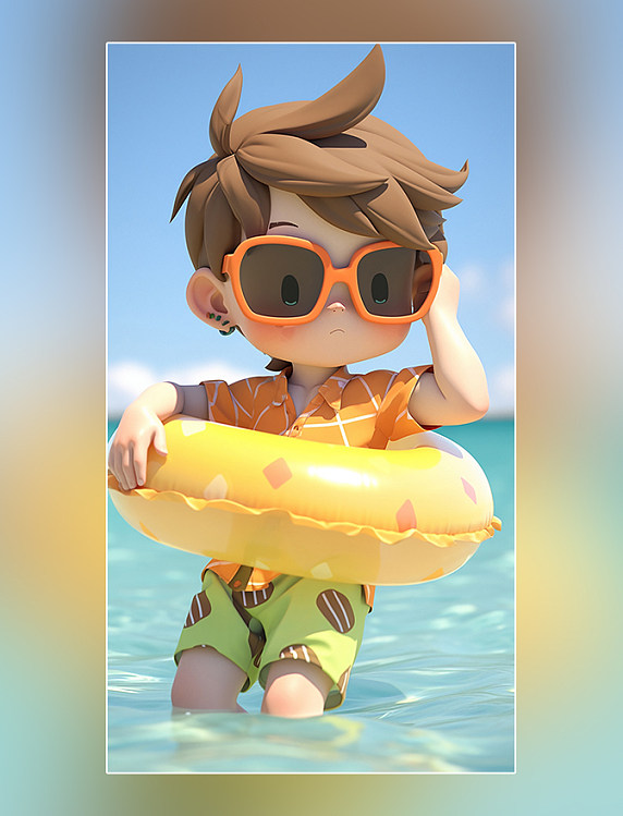 夏季海边沙滩度假一个可爱的小男孩夏天凉爽清爽在沙滩上3d皮克斯潮流c4d