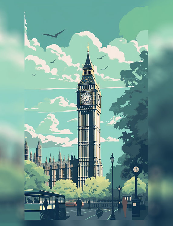 英国大笨钟扁平矢量海报插画