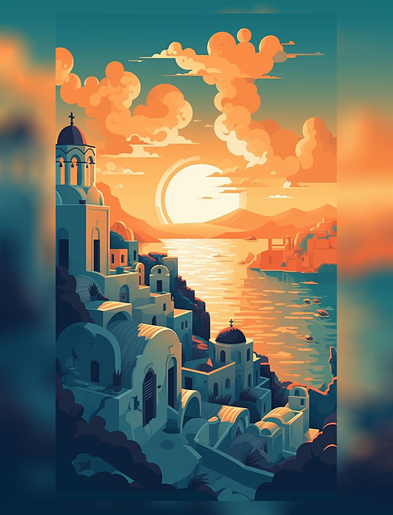夕阳爱琴海旅游扁平矢量海报插画