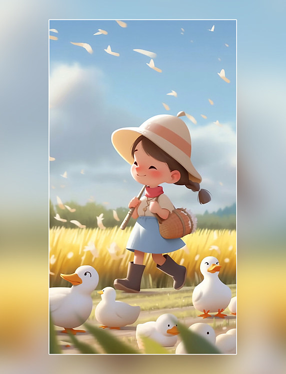儿童节海报小清新插画风六一儿童节海报尽情玩耍田野小女孩鹅