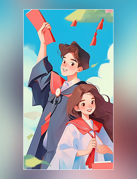 扁平风毕业季学士帽毕业学生致青春插画
