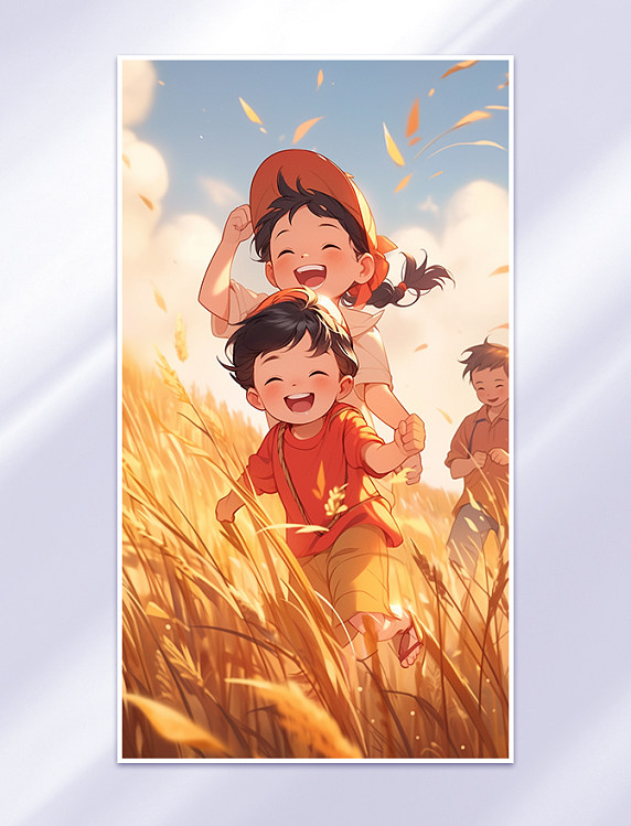 小学教材插画田地里快乐玩耍的小孩