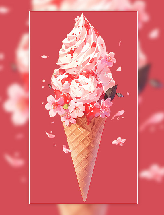 夏季蛋卷冰激凌桃花花瓣夏天冷饮