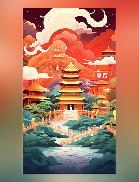 国庆节中国北京长城和天坛迷幻漫画中国风建筑扁平风插画